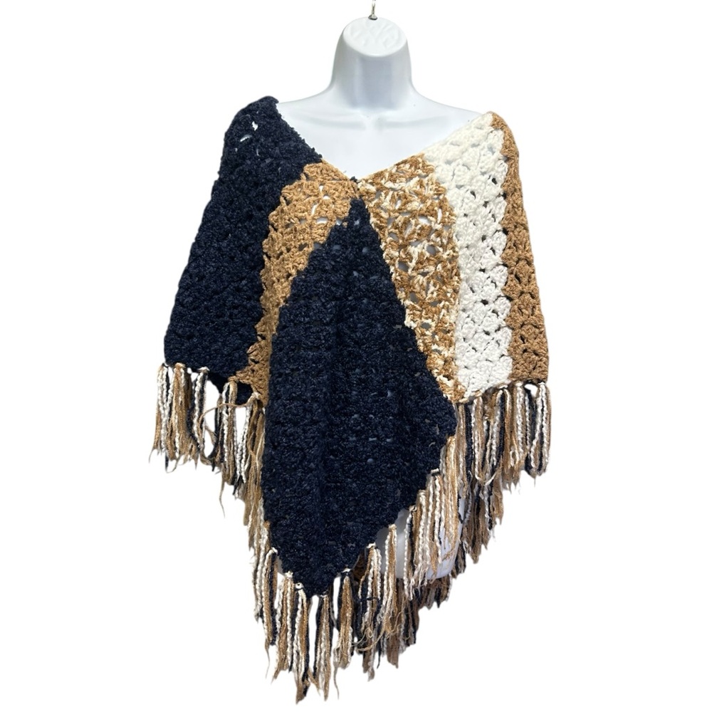 Vintage Handmade Geometric Crochet Fringe Poncho Size OS